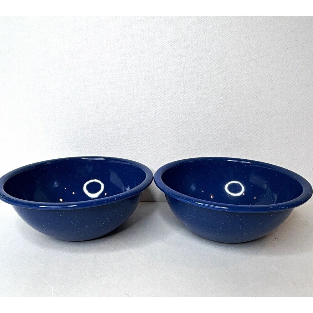 Crow Canyon Home Blue Speckled Enamelware Bowl Set of 2 6” Glossy Round camping